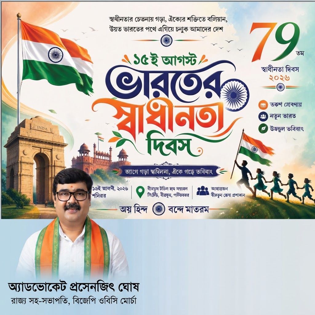 AI Design for add this 2nd small image beneath right of 1st images melt with image background and mention "অ্যাডভোকেট প্রসেনজিৎ ঘোষ, রাজ্য সহ-সভাপতি, বিজেপি ওবিসি মোর্চা" beneath in the whole image everything will remain same