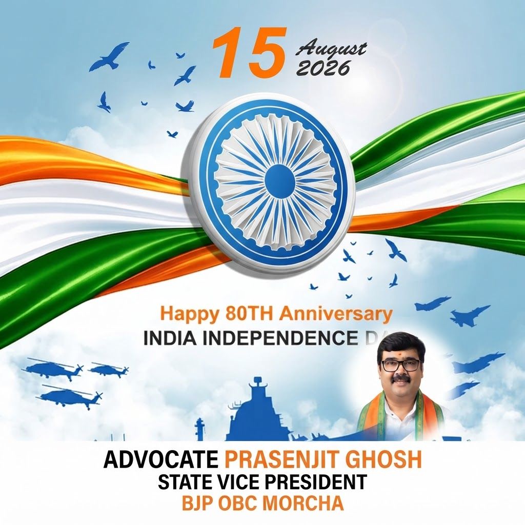 AI Design for add this 2nd small image beneath right of 1st images melt with image background and mention " ADVOCATE PRASENJIT GHOSH STATE VICE PRESIDENT BJP OBC MORCHA " beneath in the whole image everything will remain same