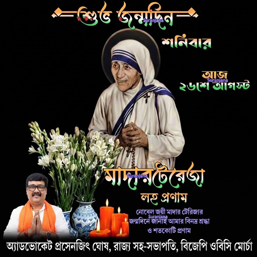 AI Design for add this small beneath left of 1st images melt with image background and mention "অ্যাডভোকেট প্রসেনজিৎ ঘোষ, রাজ্য সহ-সভাপতি, বিজেপি ওবিসি মোর্চা" beneath in the whole image everything will remain same