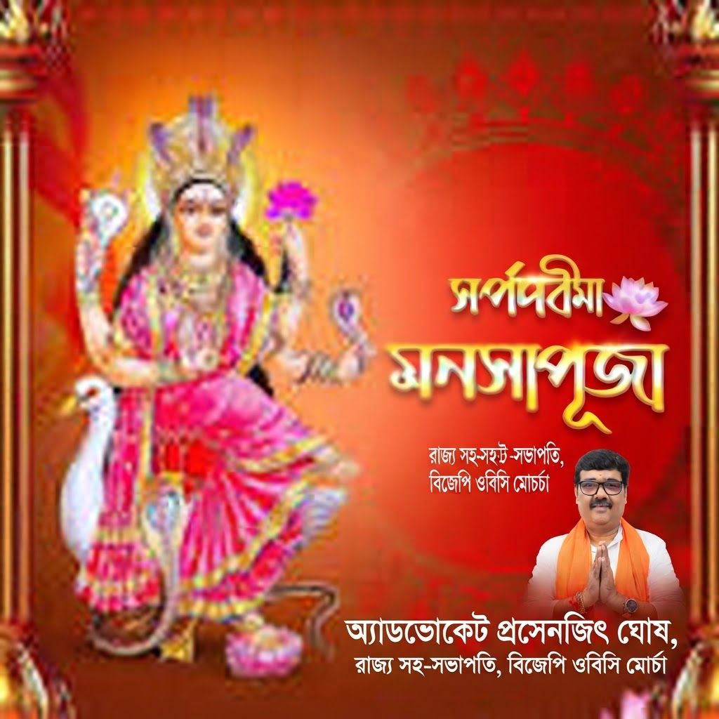 AI Design for add this small beneath right of 1st images melt with image background and mention "অ্যাডভোকেট প্রসেনজিৎ ঘোষ, রাজ্য সহ-সভাপতি, বিজেপি ওবিসি মোর্চা" beneath the added photo