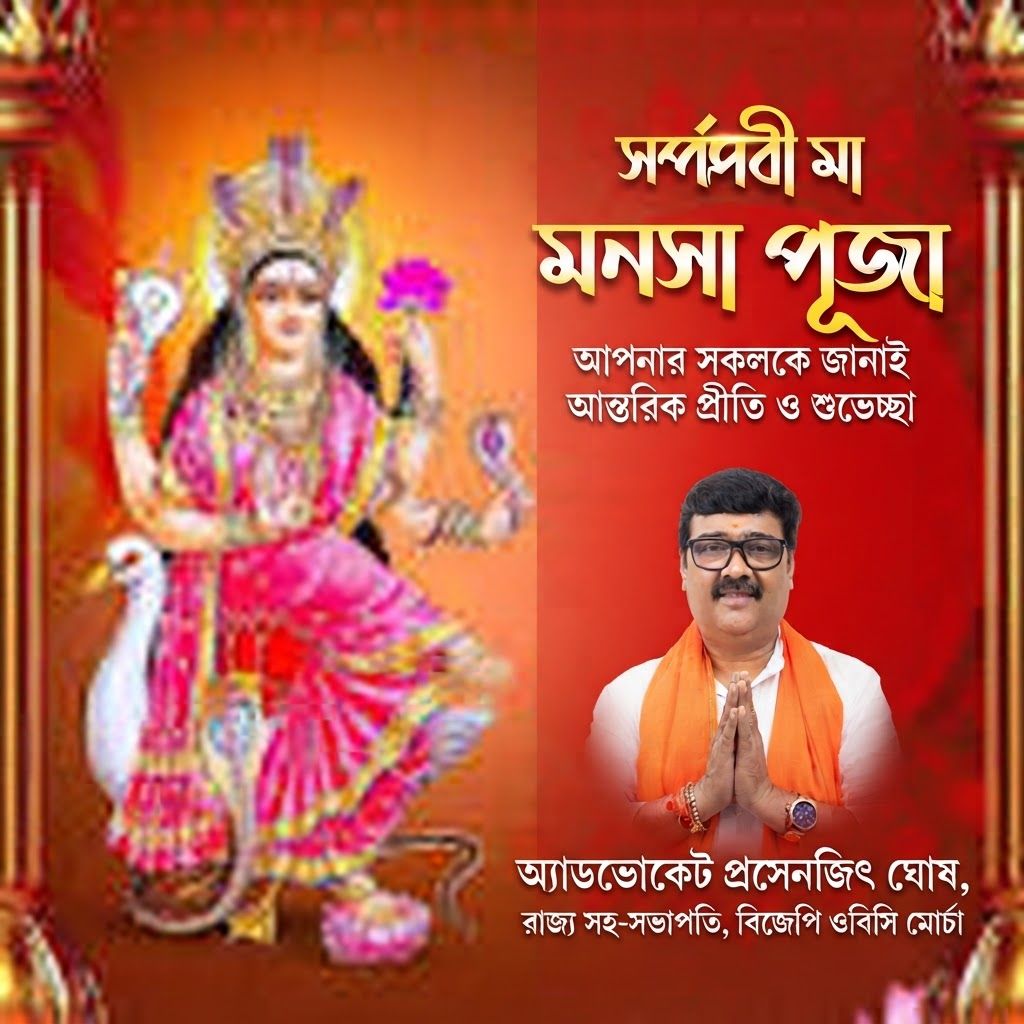 AI Design for add this small beneath right of 1st images melt with image background and mention "অ্যাডভোকেট প্রসেনজিৎ ঘোষ, রাজ্য সহ-সভাপতি, বিজেপি ওবিসি মোর্চা" beneath the added photo