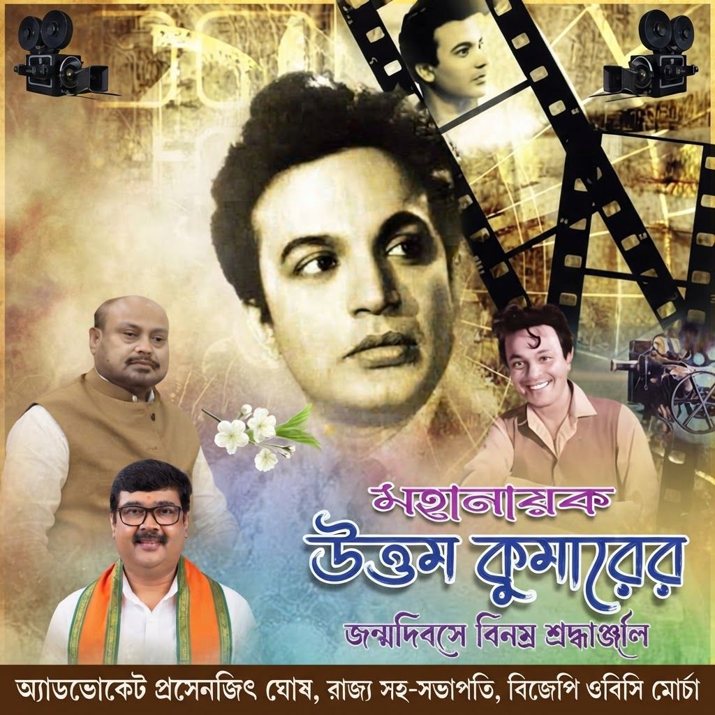 AI Design for add this 2nd small image beneath left of 1st images melt with image background and mention "অ্যাডভোকেট প্রসেনজিৎ ঘোষ, রাজ্য সহ-সভাপতি, বিজেপি ওবিসি মোর্চা" beneath in the whole image everything will remain same