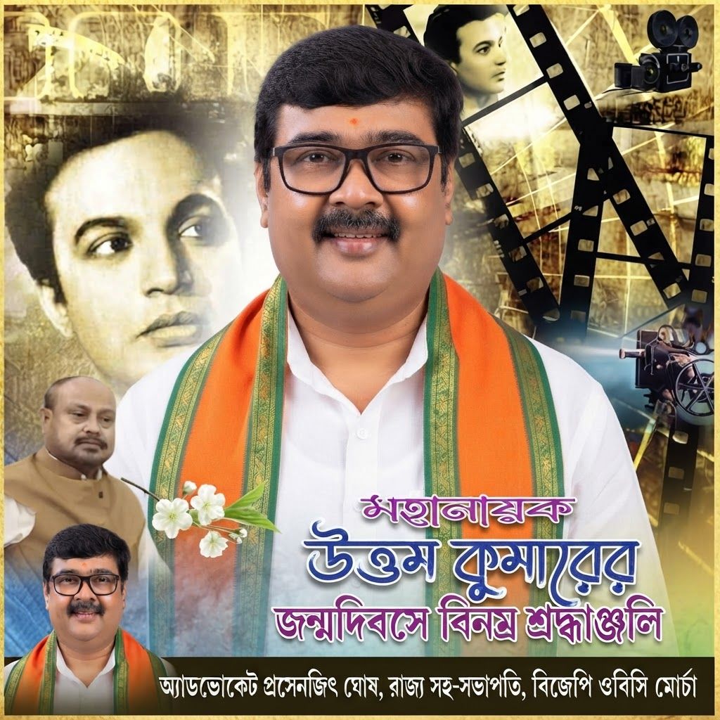 AI Design for add this 2nd small image beneath left of 1st images melt with image background and mention "অ্যাডভোকেট প্রসেনজিৎ ঘোষ, রাজ্য সহ-সভাপতি, বিজেপি ওবিসি মোর্চা" beneath in the whole image everything will remain same