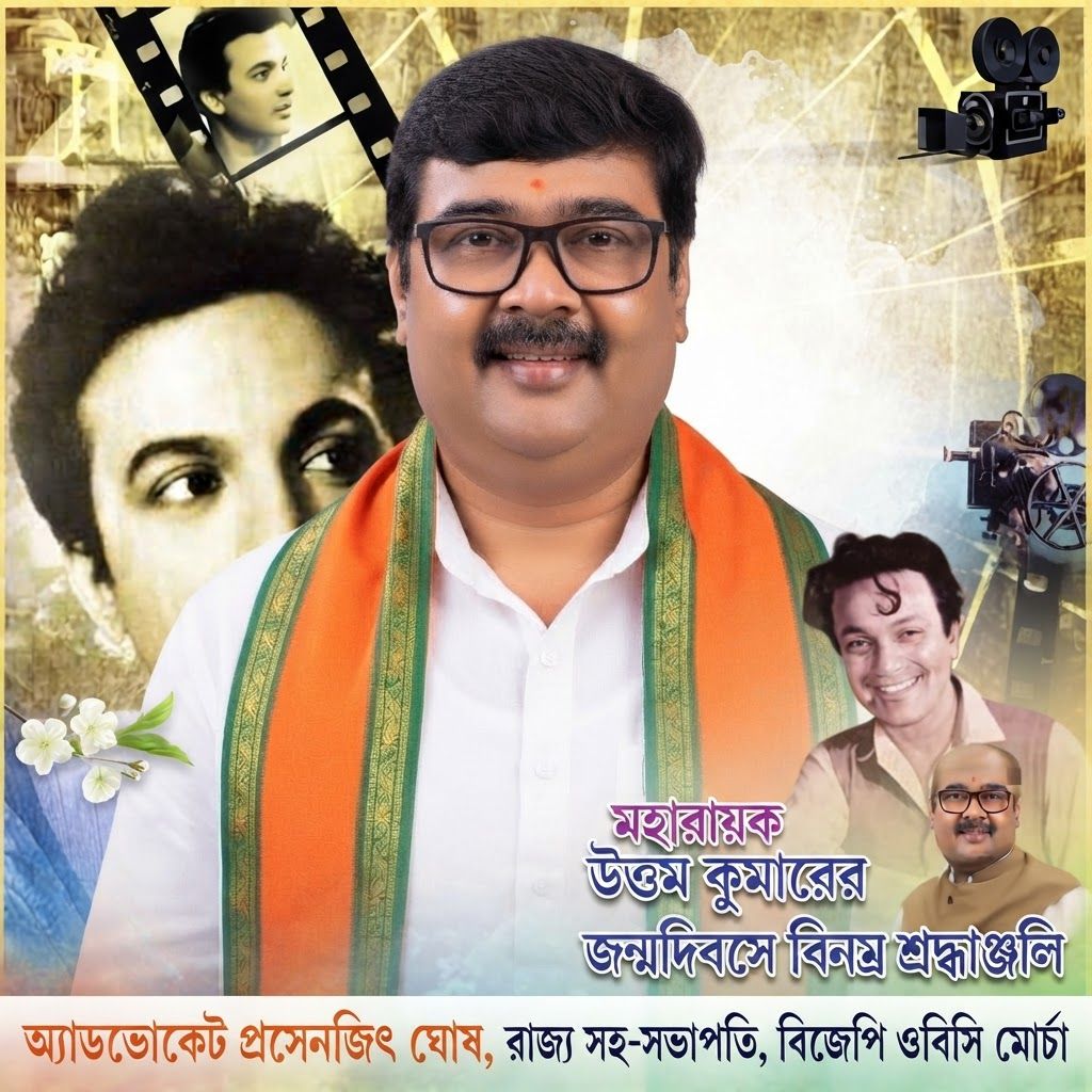 AI Design for add this 2nd small image beneath right of 1st images melt with image background and mention "অ্যাডভোকেট প্রসেনজিৎ ঘোষ, রাজ্য সহ-সভাপতি, বিজেপি ওবিসি মোর্চা" beneath in the whole image everything will remain same