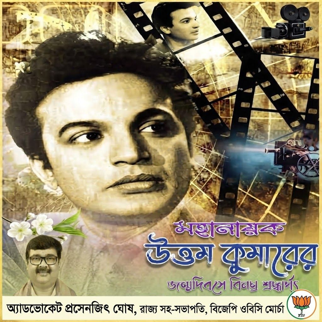 AI Design for add this 2nd small image beneath left of 1st images melt with image background and mention "অ্যাডভোকেট প্রসেনজিৎ ঘোষ, রাজ্য সহ-সভাপতি, বিজেপি ওবিসি মোর্চা" beneath in the whole image everything will remain same and b j p logo.