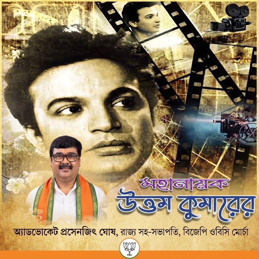 AI Design for add this 2nd small image beneath left of 1st images melt with image background and mention "অ্যাডভোকেট প্রসেনজিৎ ঘোষ, রাজ্য সহ-সভাপতি, বিজেপি ওবিসি মোর্চা" beneath in the whole image everything will remain same and b j p logo.