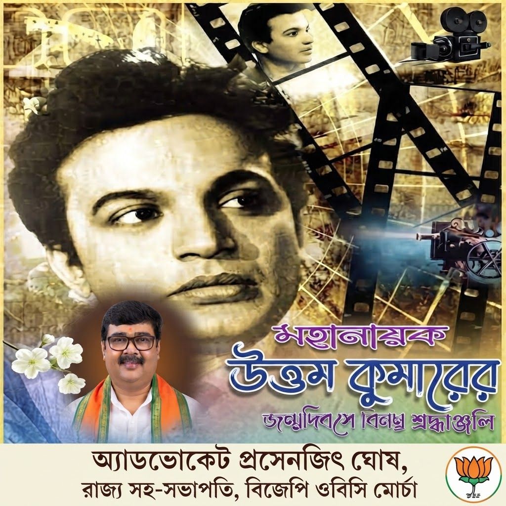 AI Design for add this 2nd small image beneath left of 1st images melt with image background and mention "অ্যাডভোকেট প্রসেনজিৎ ঘোষ, রাজ্য সহ-সভাপতি, বিজেপি ওবিসি মোর্চা" beneath in the whole image everything will remain same and b j p logo.