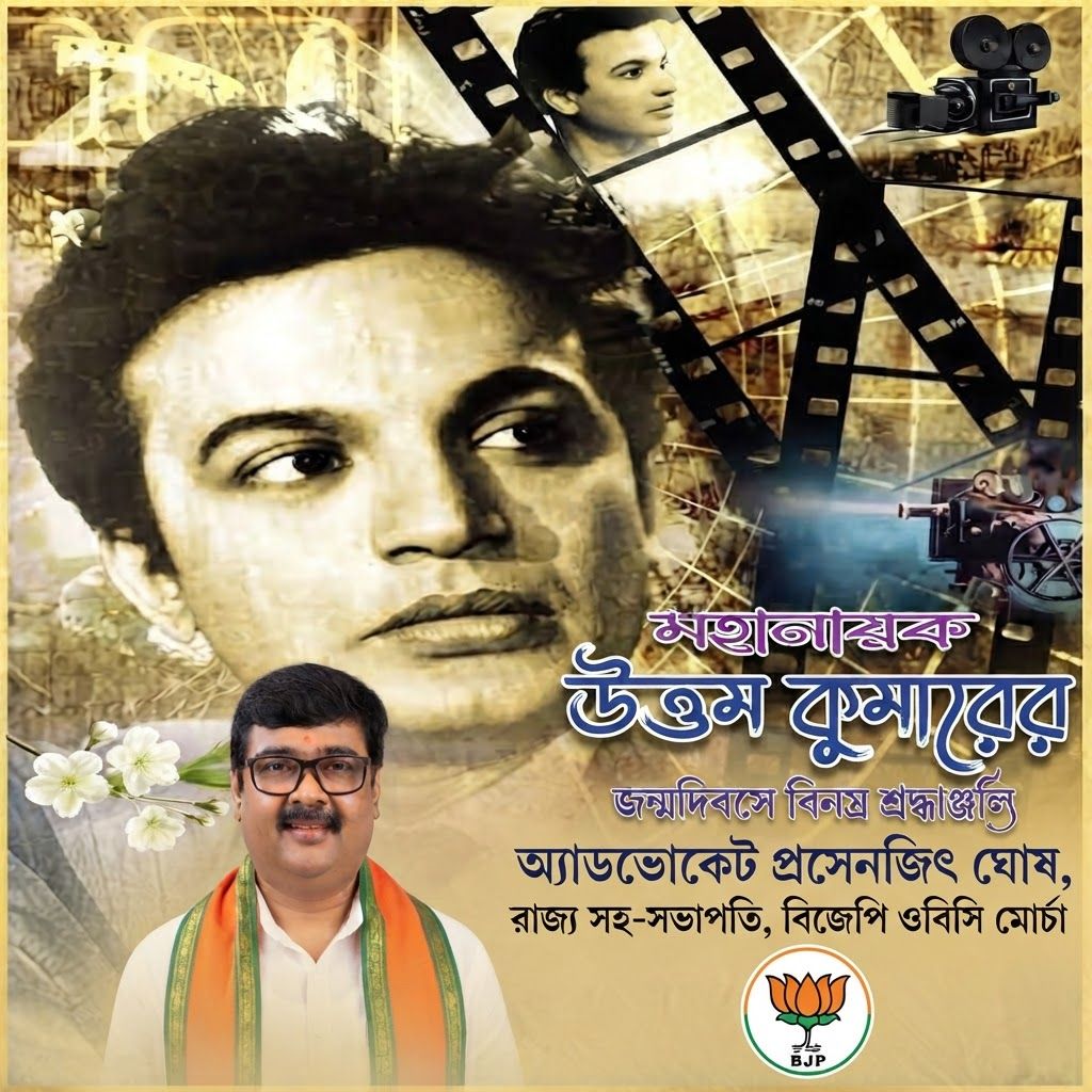 AI Design for add this 2nd small image beneath left of 1st images melt with image background and mention "অ্যাডভোকেট প্রসেনজিৎ ঘোষ, রাজ্য সহ-সভাপতি, বিজেপি ওবিসি মোর্চা" beneath in the whole image everything will remain same and b j p logo.