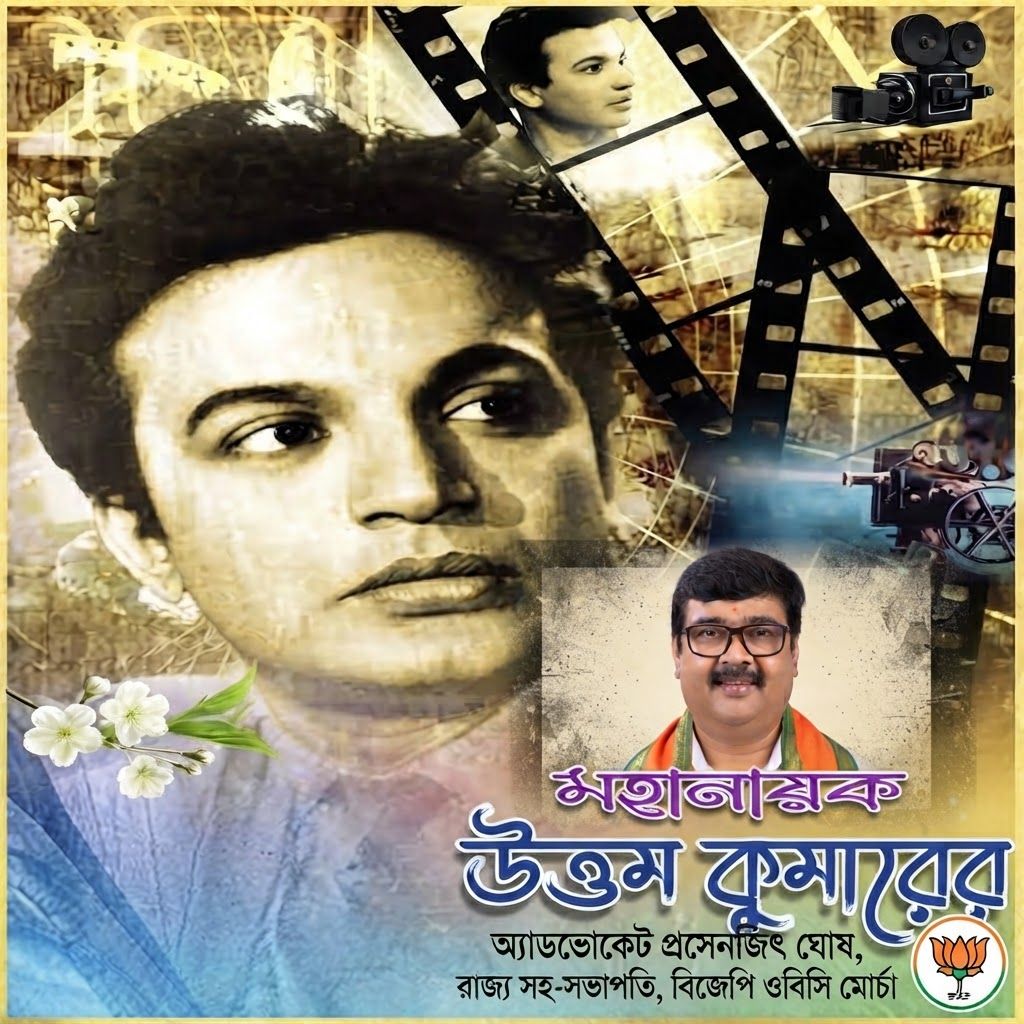 AI Design for add this 2nd small image beneath right of 1st images melt with image background and mention "অ্যাডভোকেট প্রসেনজিৎ ঘোষ, রাজ্য সহ-সভাপতি, বিজেপি ওবিসি মোর্চা" beneath in the whole image everything will remain same and b j p logo.