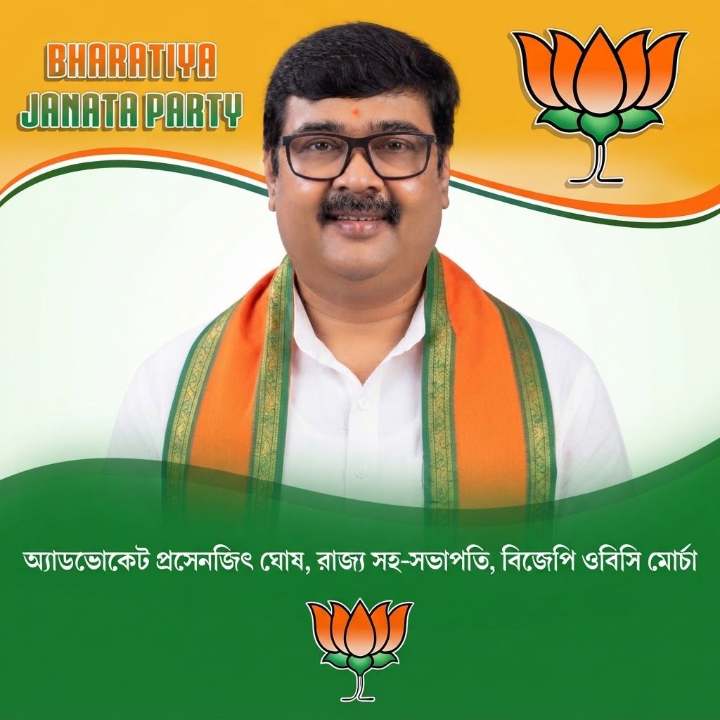 AI Design for add this large beneath left of 1st images melt with image background and mention "অ্যাডভোকেট প্রসেনজিৎ ঘোষ, রাজ্য সহ-সভাপতি, বিজেপি ওবিসি মোর্চা" beneath the added photo and b j p logo beneath.