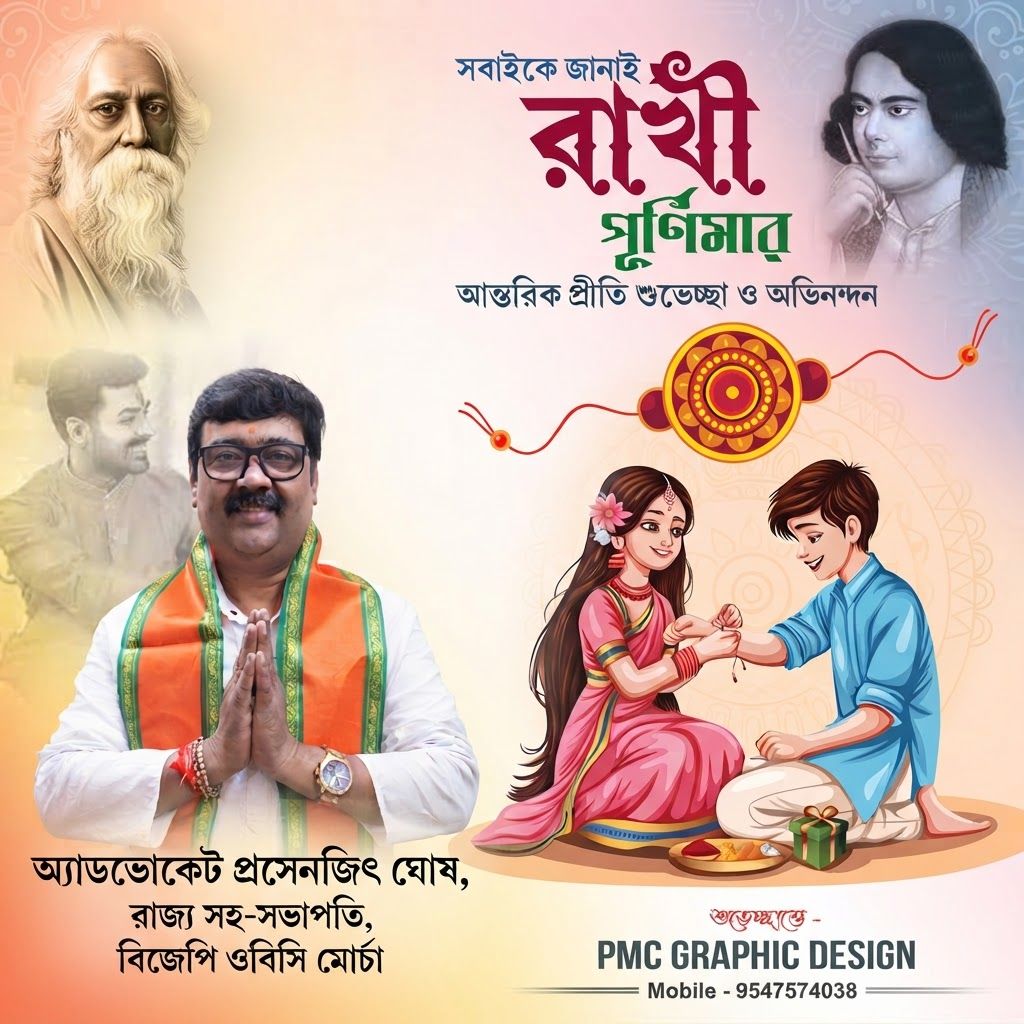 AI Design for add this medium beneath left of 1st images melt with image background and mention "অ্যাডভোকেট প্রসেনজিৎ ঘোষ, রাজ্য সহ-সভাপতি, বিজেপি ওবিসি মোর্চা" beneath the added photo