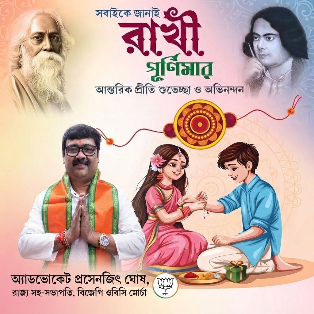 AI Design for add this medium beneath left of 1st images melt with image background and mention "অ্যাডভোকেট প্রসেনজিৎ ঘোষ, রাজ্য সহ-সভাপতি, বিজেপি ওবিসি মোর্চা" beneath the added photo and b j p logo