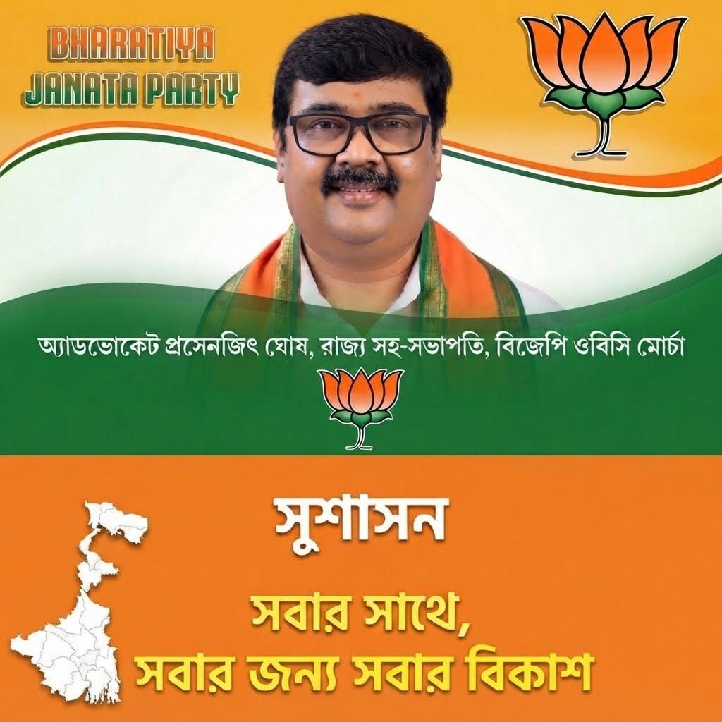 AI Design for west bengal small map left beneath corner bengali wright sushason beneath and bengali wright sabar sathe ,sabar jonno sbar bikash yellow colour .back ground orange and privias west bengal map removed