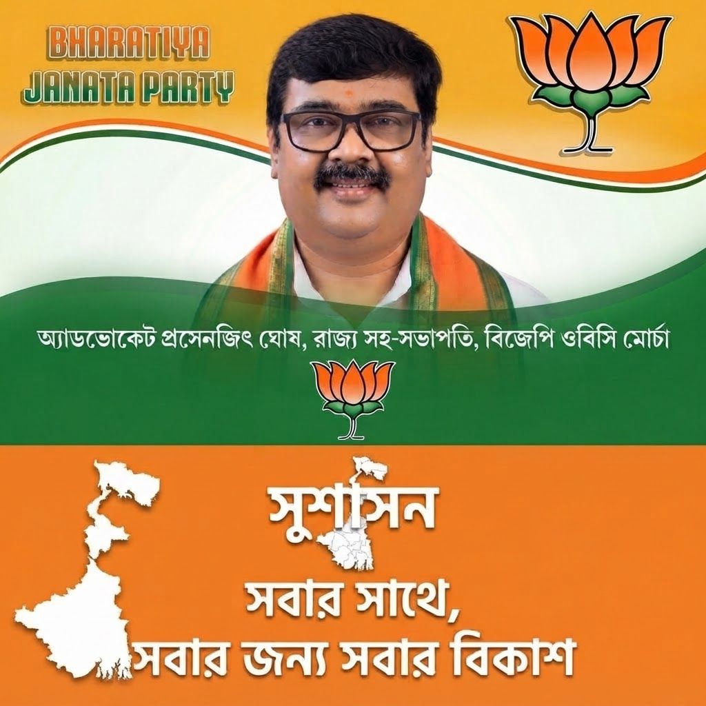 AI Design for west bengal small map left beneath corner bengali wright sushason beneath and bengali wright sabar sathe ,sabar jonno sbar bikash.back ground orange