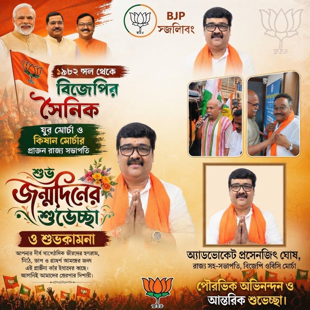 AI Design for add this 2nd small image beneath right of 1st images melt with image background and mention "অ্যাডভোকেট প্রসেনজিৎ ঘোষ, রাজ্য সহ-সভাপতি, বিজেপি ওবিসি মোর্চা" beneath in the whole image everything will remain same