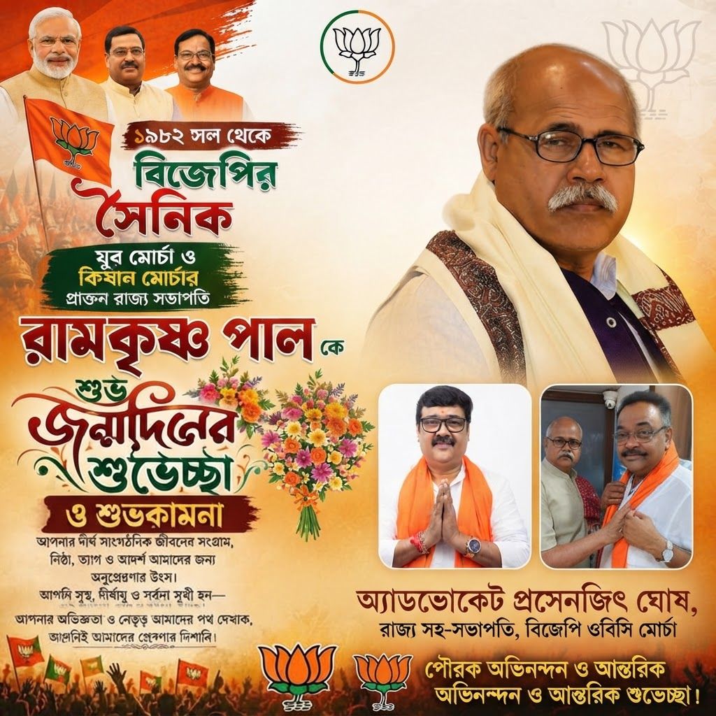 AI Design for add this 2nd small image beneath right of 1st images melt with image background and mention "অ্যাডভোকেট প্রসেনজিৎ ঘোষ, রাজ্য সহ-সভাপতি, বিজেপি ওবিসি মোর্চা" beneath in the whole image everything will remain same