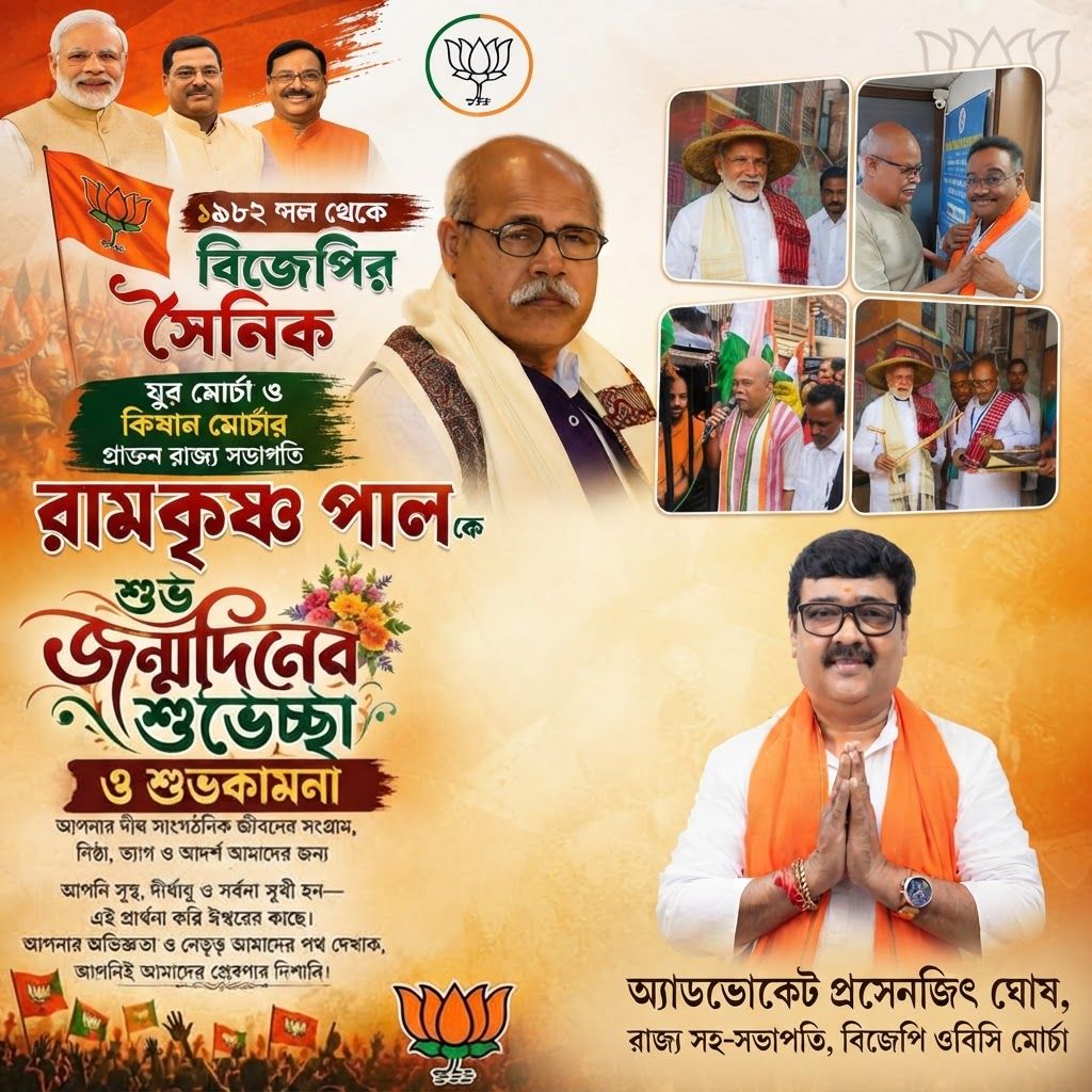 AI Design for add this 2nd small image beneath right of 1st images melt with image background and mention "অ্যাডভোকেট প্রসেনজিৎ ঘোষ, রাজ্য সহ-সভাপতি, বিজেপি ওবিসি মোর্চা" beneath in the whole image everything will remain same