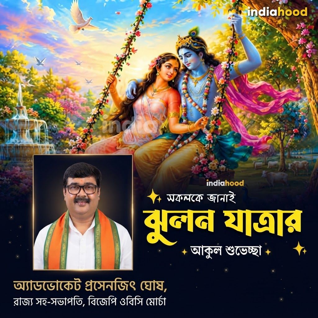 AI Design for add this meduim beneath left of 1st images melt with image background and mention "অ্যাডভোকেট প্রসেনজিৎ ঘোষ, রাজ্য সহ-সভাপতি, বিজেপি ওবিসি মোর্চা" beneath the added photo