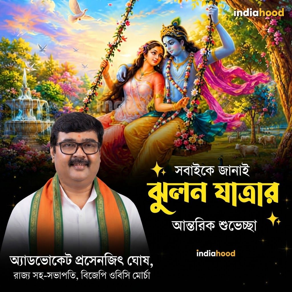 AI Design for add this meduim beneath left of 1st images melt with image background and mention "অ্যাডভোকেট প্রসেনজিৎ ঘোষ, রাজ্য সহ-সভাপতি, বিজেপি ওবিসি মোর্চা" beneath the added photo