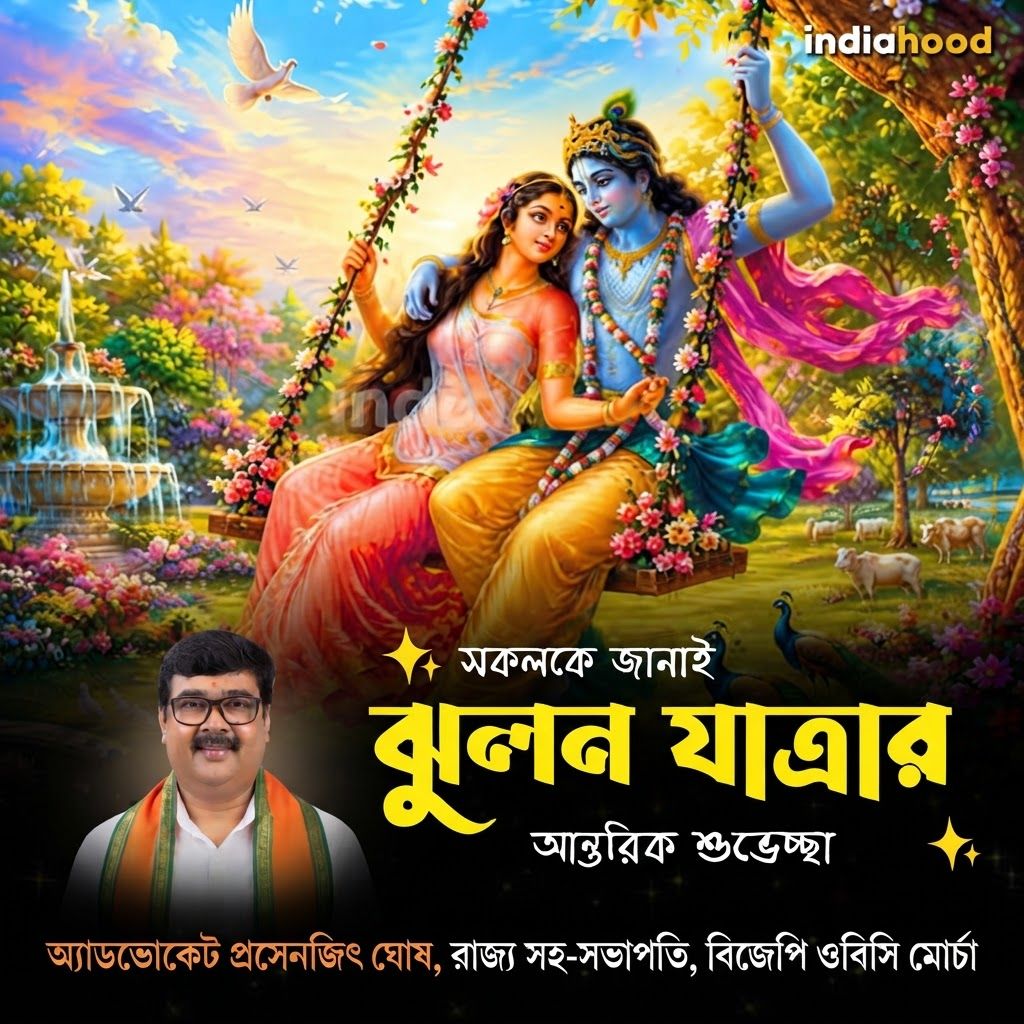 AI Design for add this small beneath left of 1st images melt with image background and mention "অ্যাডভোকেট প্রসেনজিৎ ঘোষ, রাজ্য সহ-সভাপতি, বিজেপি ওবিসি মোর্চা" beneath the added photo