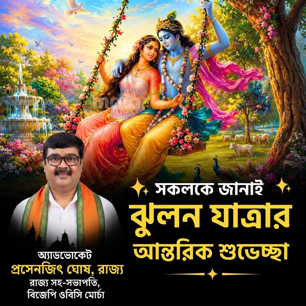 AI Design for add this meduim beneath left of 1st images melt with image background and mention "অ্যাডভোকেট প্রসেনজিৎ ঘোষ, রাজ্য সহ-সভাপতি, বিজেপি ওবিসি মোর্চা" beneath the added photo beneth right remove indiahood wright