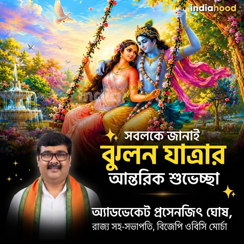 AI Design for add this small beneath left of 1st images melt with image background and mention "অ্যাডভোকেট প্রসেনজিৎ ঘোষ, রাজ্য সহ-সভাপতি, বিজেপি ওবিসি মোর্চা" beneath the added photo