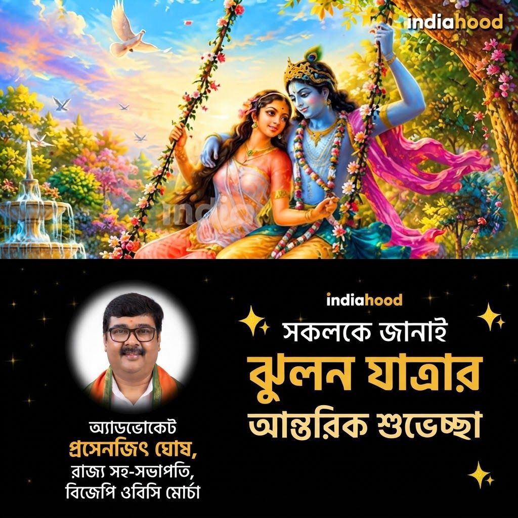 AI Design for add this small beneath left of 1st images melt with image background and mention "অ্যাডভোকেট প্রসেনজিৎ ঘোষ, রাজ্য সহ-সভাপতি, বিজেপি ওবিসি মোর্চা" beneath the added photo