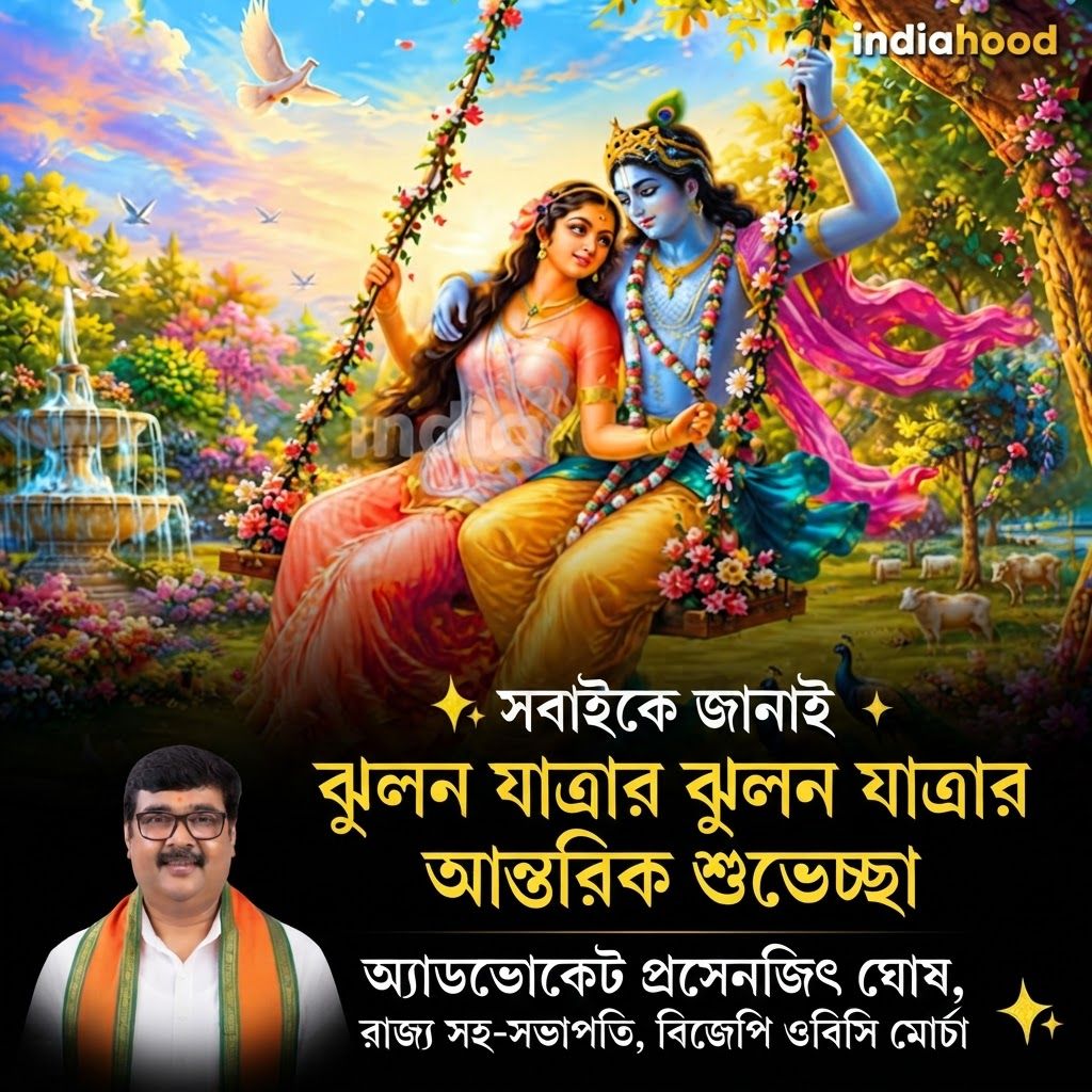 AI Design for add this small beneath left of 1st images melt with image background and mention "অ্যাডভোকেট প্রসেনজিৎ ঘোষ, রাজ্য সহ-সভাপতি, বিজেপি ওবিসি মোর্চা" beneath the added photo