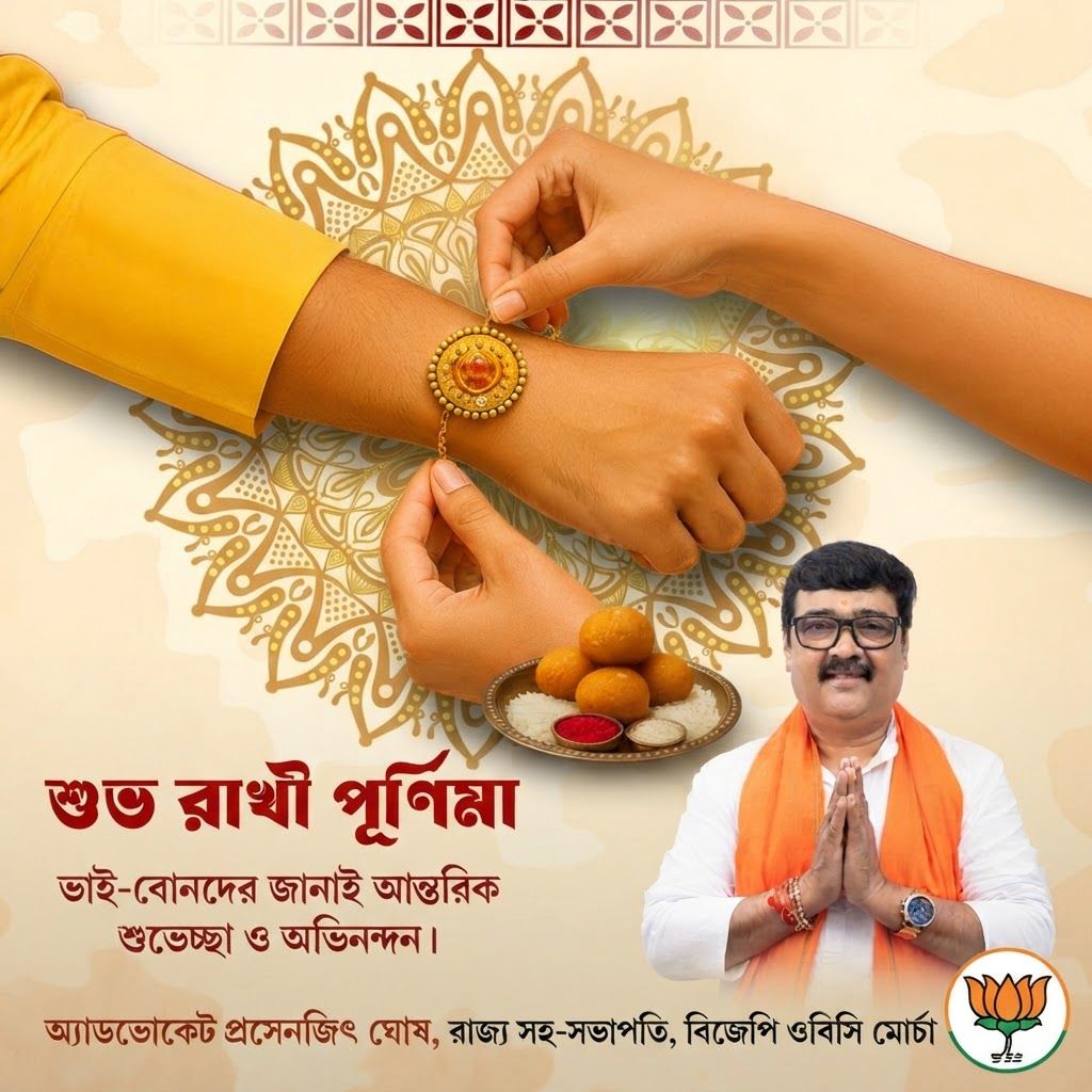 add this 2nd bold image beneath right of 1st images melt with image background and mention "অ্যাডভোকেট প্রসেনজিৎ ঘোষ, রাজ্য সহ-সভাপতি, বিজেপি ওবিসি মোর্চা" beneath in the whole image everything will remain same and bjp logo