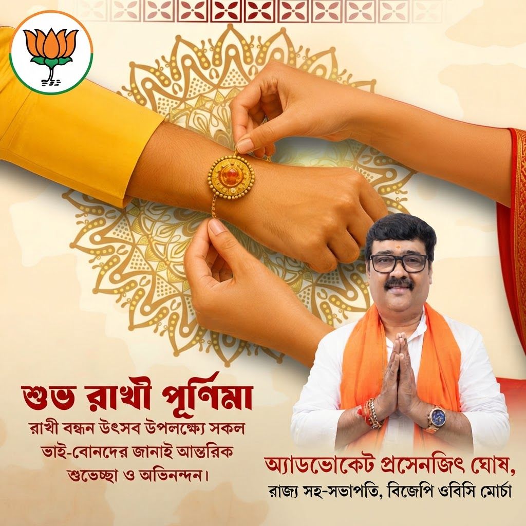 add this 2nd bold image beneath right of 1st images melt with image background and mention "অ্যাডভোকেট প্রসেনজিৎ ঘোষ, রাজ্য সহ-সভাপতি, বিজেপি ওবিসি মোর্চা" beneath in the whole image everything will remain same and bjp logo
