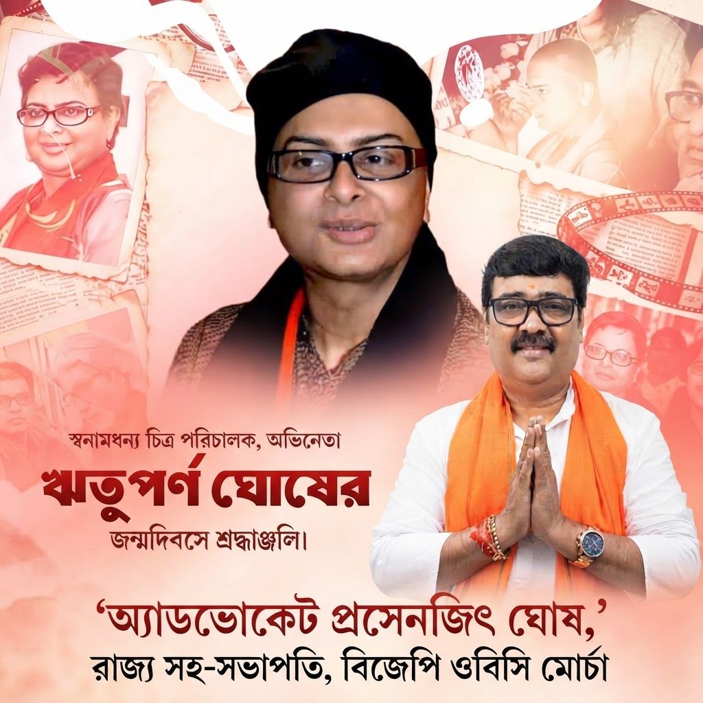 add this 2nd big image beneath right of 1st images melt with image background and mention "অ্যাডভোকেট প্রসেনজিৎ ঘোষ, রাজ্য সহ-সভাপতি, বিজেপি ওবিসি মোর্চা" beneath in the whole image everything will remain same