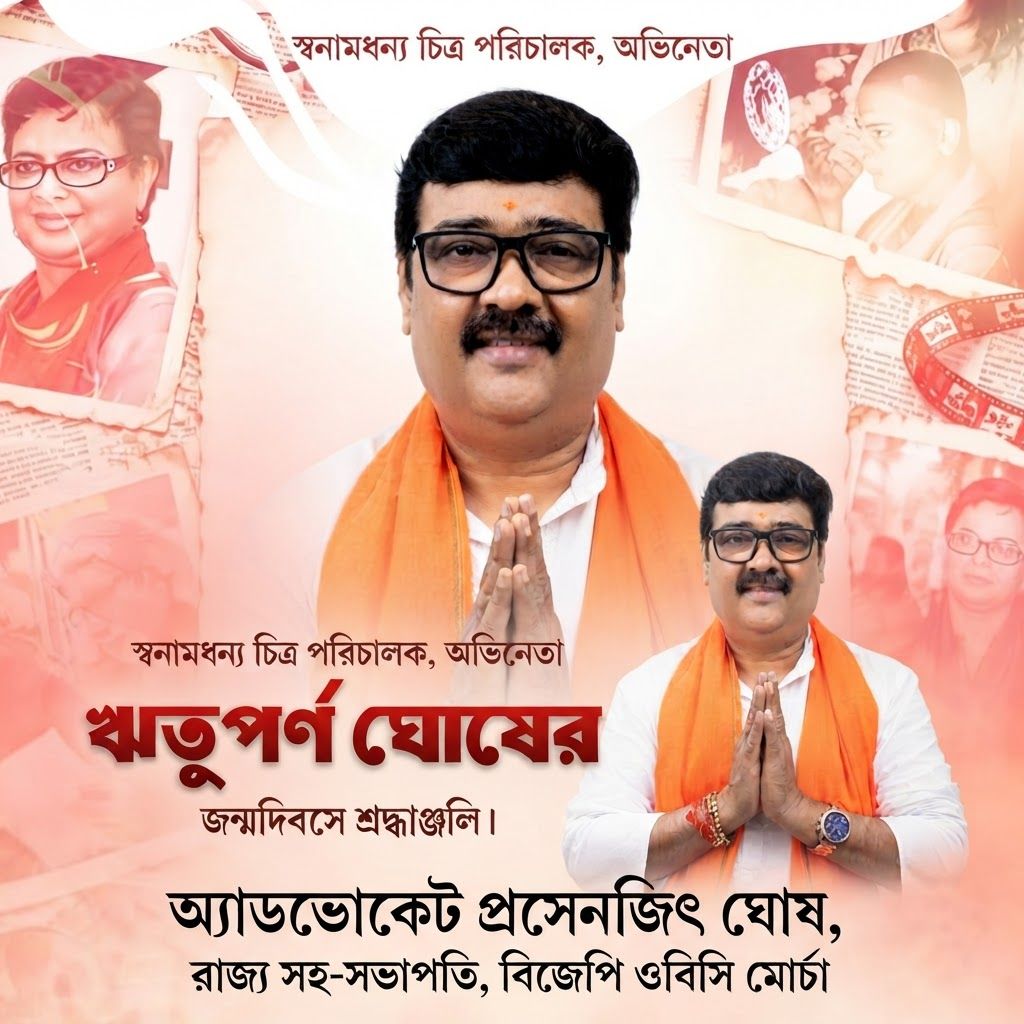 add this 2nd big image beneath right of 1st images melt with image background and mention "অ্যাডভোকেট প্রসেনজিৎ ঘোষ, রাজ্য সহ-সভাপতি, বিজেপি ওবিসি মোর্চা" beneath in the whole image everything will remain same