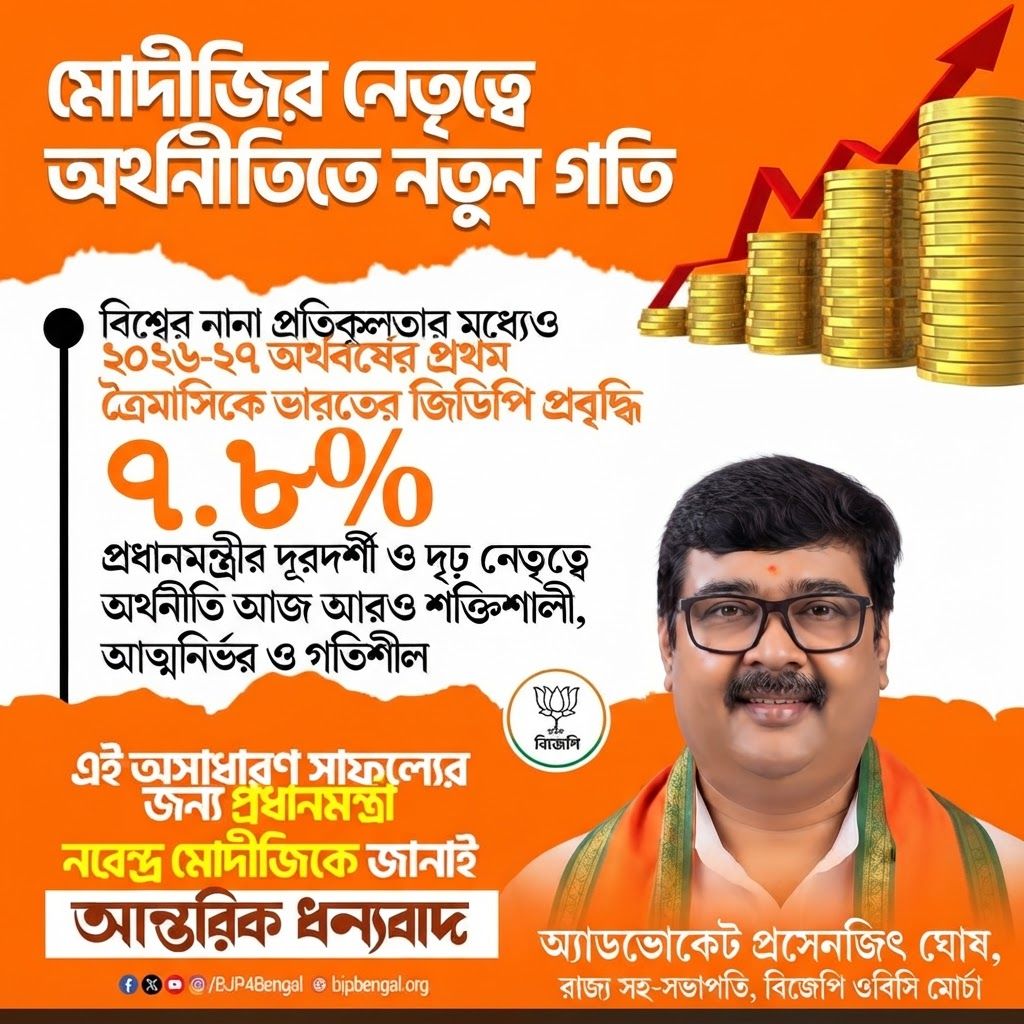 MODI JI PHOTO UP add this 2nd BIG ENHANCE image beneath right of 1st images melt with image background and mention " ADVOCATE PRASENJIT GHOSH STATE VICE PRESIDENT BJP OBC MORCHA " beneath in the whole image everything will remain same