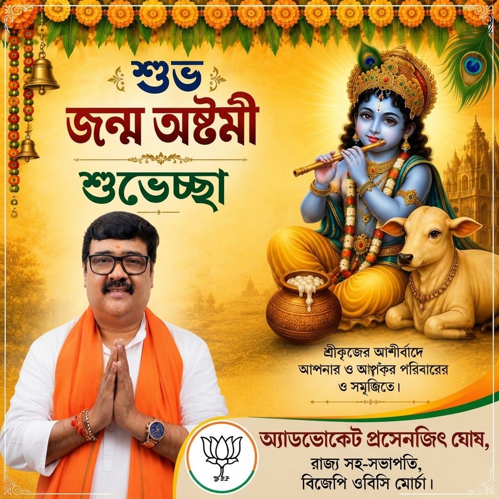 AI Design for "অ্যাডভোকেট প্রসেনজিৎ ঘোষ, রাজ্য সহ-সভাপতি, বিজেপি ওবিসি মোর্চা" beneath in the RIGHT