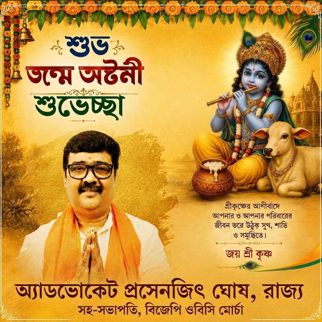 AI Design for add this 2nd large bold image beneathl eft of 1st images melt with image background and mention "অ্যাডভোকেট প্রসেনজিৎ ঘোষ, রাজ্য সহ-সভাপতি, বিজেপি ওবিসি মোর্চা" beneath in the whole image everything will remain same