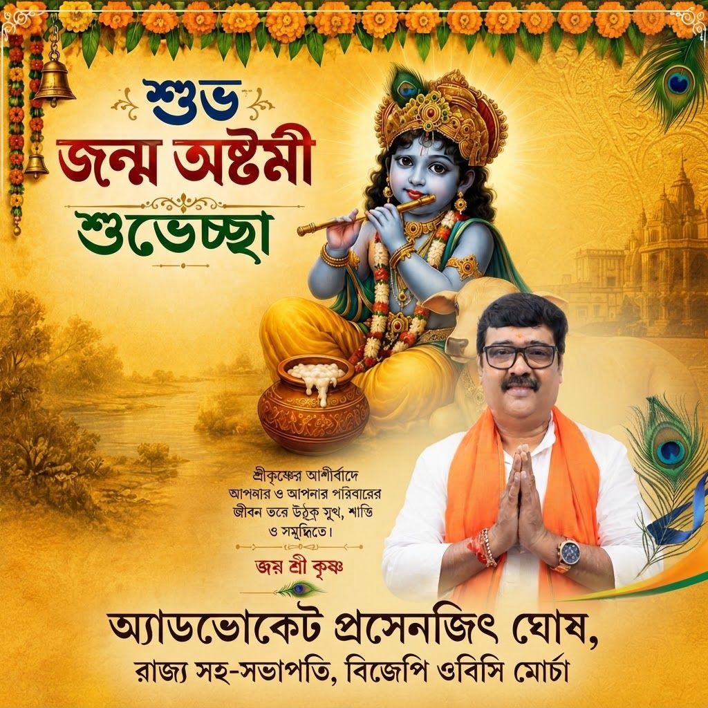 AI Design for add this 2nd big image beneath right of 1st images melt with image background and mention "অ্যাডভোকেট প্রসেনজিৎ ঘোষ, রাজ্য সহ-সভাপতি, বিজেপি ওবিসি মোর্চা" beneath in the whole image everything will remain same