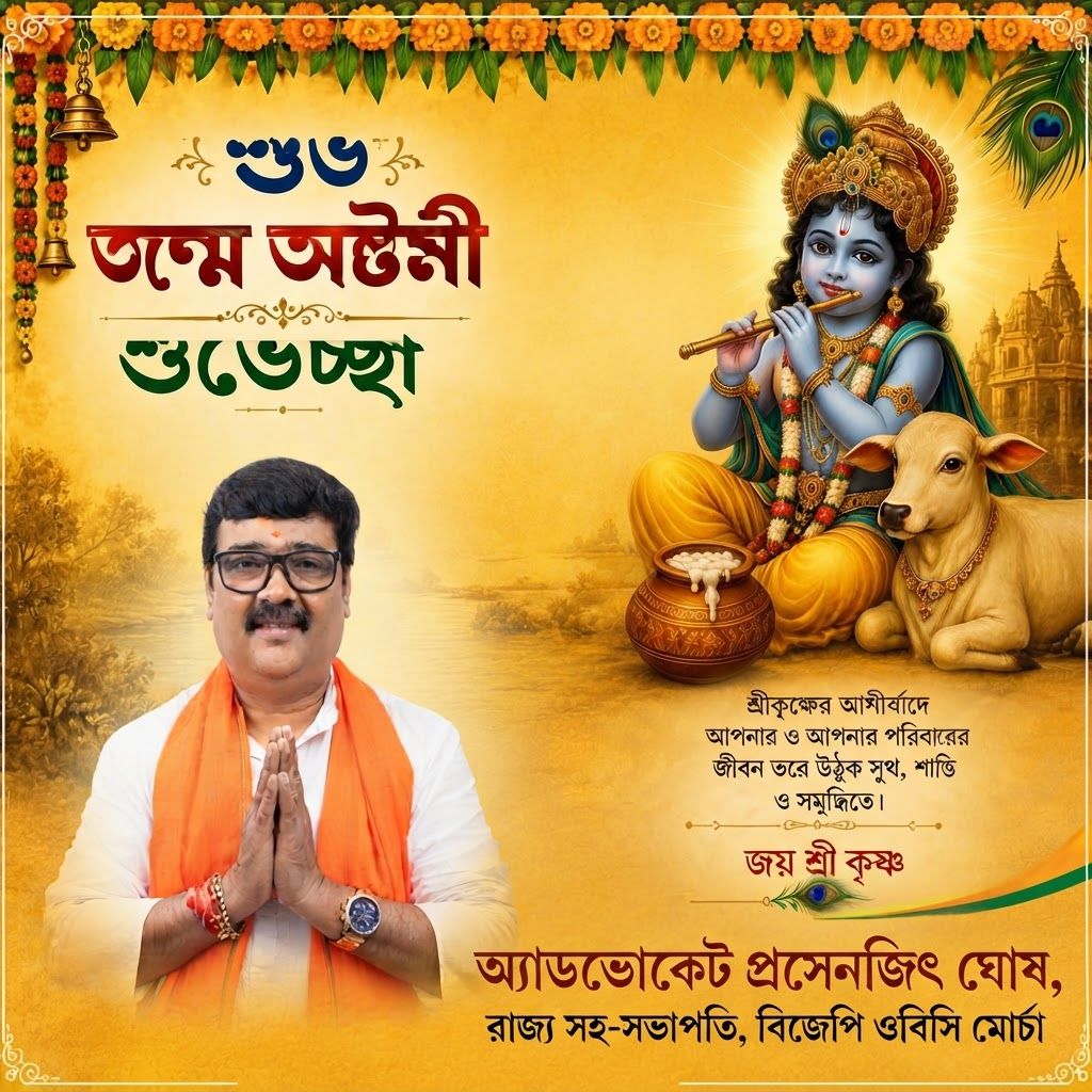 AI Design for add this 2nd large image beneathl eft of 1st images melt with image background and mention "অ্যাডভোকেট প্রসেনজিৎ ঘোষ, রাজ্য সহ-সভাপতি, বিজেপি ওবিসি মোর্চা" beneath in the whole image everything will remain same