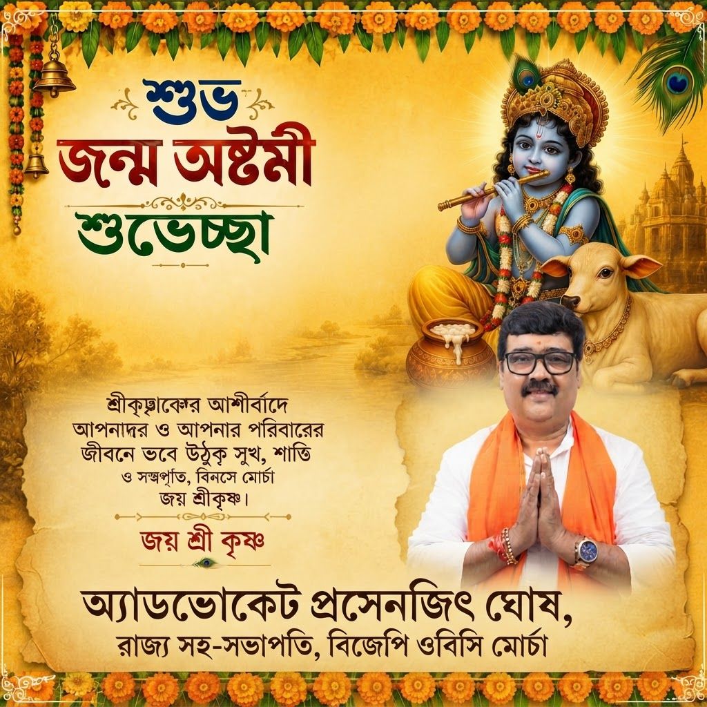 AI Design for add this 2nd big image beneath right of 1st images melt with image background and mention "অ্যাডভোকেট প্রসেনজিৎ ঘোষ, রাজ্য সহ-সভাপতি, বিজেপি ওবিসি মোর্চা" beneath in the whole image everything will remain same