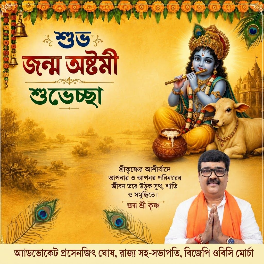 AI Design for add this 2nd large image beneath right of 1st images melt with image background and mention "অ্যাডভোকেট প্রসেনজিৎ ঘোষ, রাজ্য সহ-সভাপতি, বিজেপি ওবিসি মোর্চা" beneath in the whole image everything will remain same