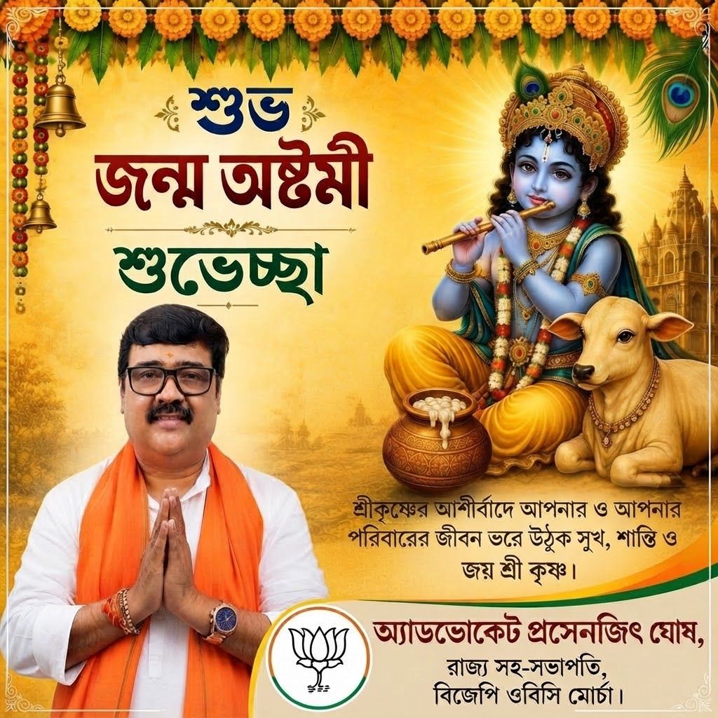 AI Design for "অ্যাডভোকেট প্রসেনজিৎ ঘোষ, রাজ্য সহ-সভাপতি, বিজেপি ওবিসি মোর্চা" beneath in the RIGHT