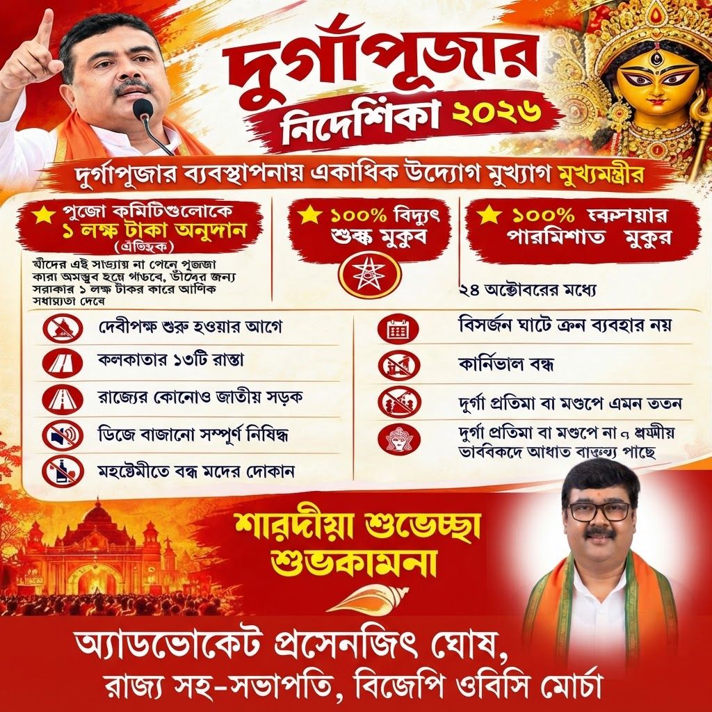 AI Design for add this small beneath right of 1st images melt with image background and mention "অ্যাডভোকেট প্রসেনজিৎ ঘোষ, রাজ্য সহ-সভাপতি, বিজেপি ওবিসি মোর্চা" beneath in the whole image everything will remain same