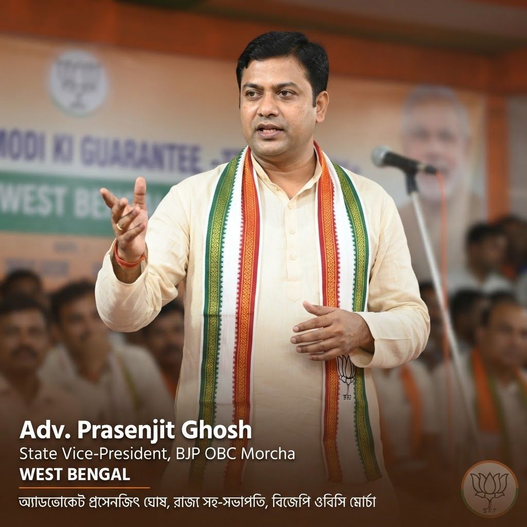 AI Design for add this small beneath right of 1st images melt with image background and mention "অ্যাডভোকেট প্রসেনজিৎ ঘোষ, রাজ্য সহ-সভাপতি, বিজেপি ওবিসি মোর্চা" samall beneath in the left side everything will remain same