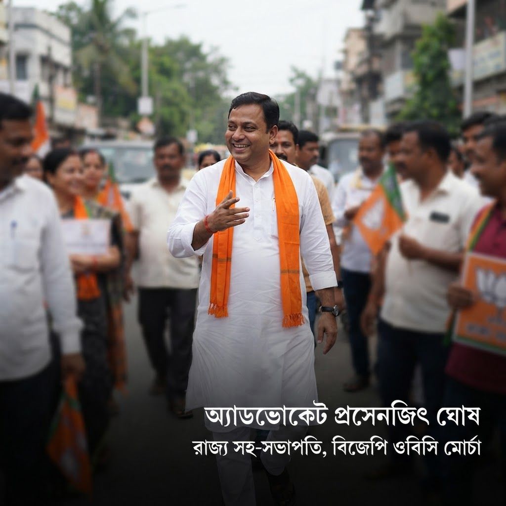 AI Design for add this small beneath right of 1st images melt with image background and mention "অ্যাডভোকেট প্রসেনজিৎ ঘোষ, রাজ্য সহ-সভাপতি, বিজেপি ওবিসি মোর্চা" samall beneath in the left side everything will remain same