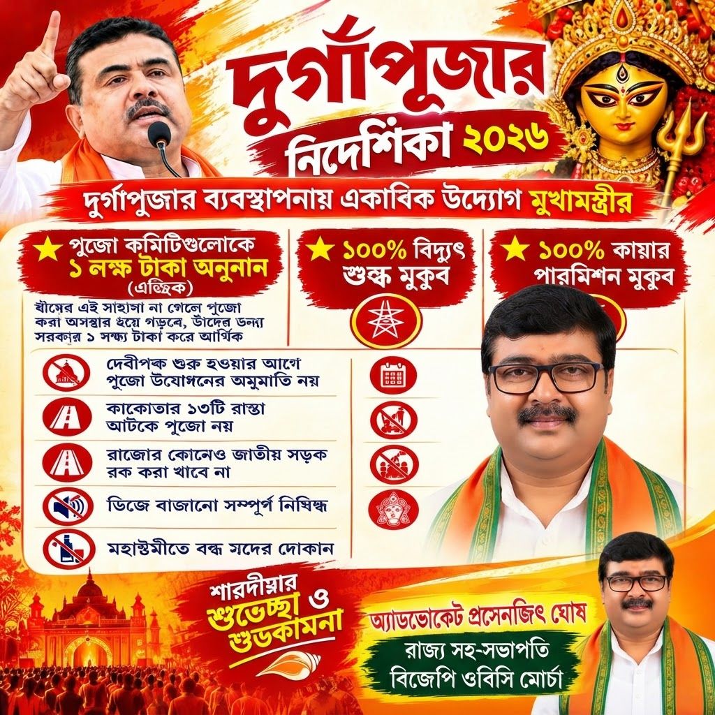 AI Design for add this small beneath right of 1st images melt with image background and mention "অ্যাডভোকেট প্রসেনজিৎ ঘোষ, রাজ্য সহ-সভাপতি, বিজেপি ওবিসি মোর্চা" beneath in the whole image everything will remain same