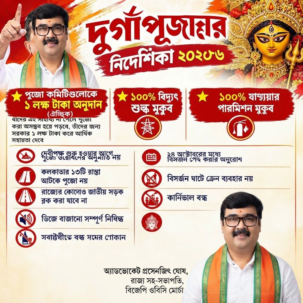 AI Design for add this small beneath right of 1st images melt with image background and mention "অ্যাডভোকেট প্রসেনজিৎ ঘোষ, রাজ্য সহ-সভাপতি, বিজেপি ওবিসি মোর্চা" samall beneath in the left side everything will remain same