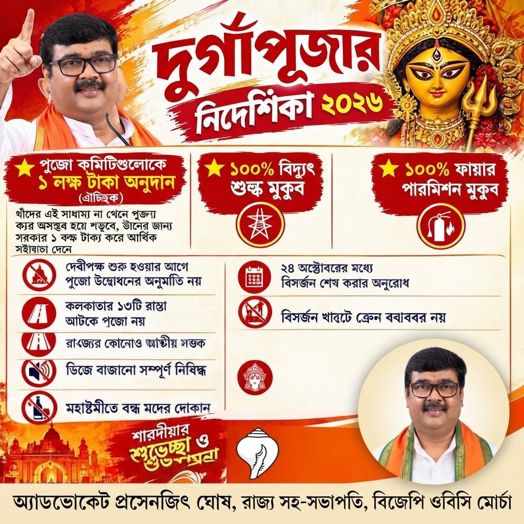 AI Design for add this 2nd small image beneath right of 1st images melt with image background and mention "অ্যাডভোকেট প্রসেনজিৎ ঘোষ, রাজ্য সহ-সভাপতি, বিজেপি ওবিসি মোর্চা" beneath in the whole image everything will remain same