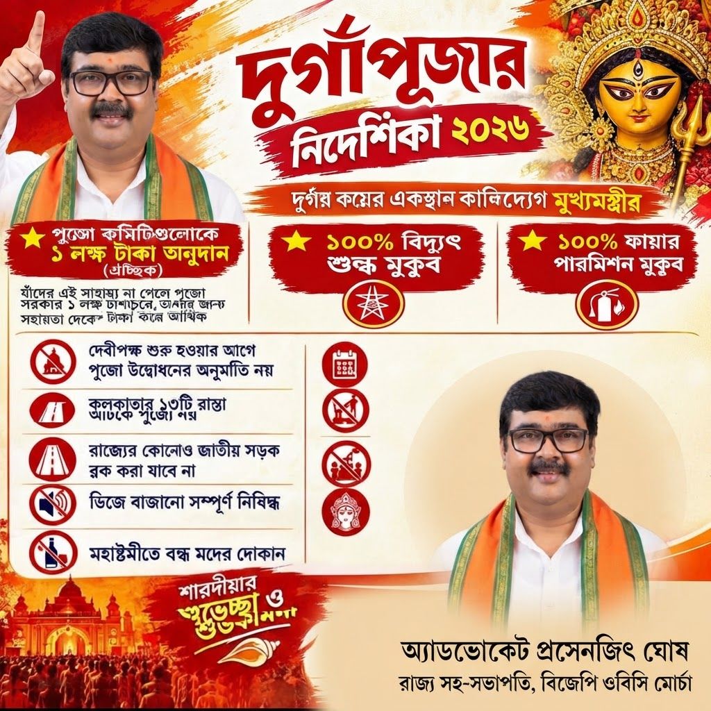AI Design for add this 2nd small image beneath right of 1st images melt with image background and mention "অ্যাডভোকেট প্রসেনজিৎ ঘোষ, রাজ্য সহ-সভাপতি, বিজেপি ওবিসি মোর্চা" beneath in the whole image everything will remain same