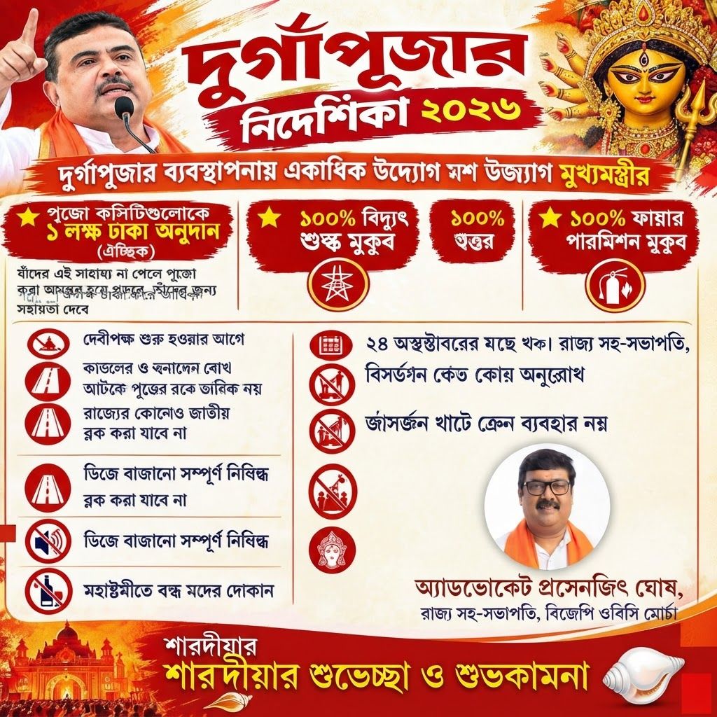 AI Design for add this 2nd small image beneath right of 1st images melt with image background and mention "অ্যাডভোকেট প্রসেনজিৎ ঘোষ, রাজ্য সহ-সভাপতি, বিজেপি ওবিসি মোর্চা" beneath in the whole image everything will remain same