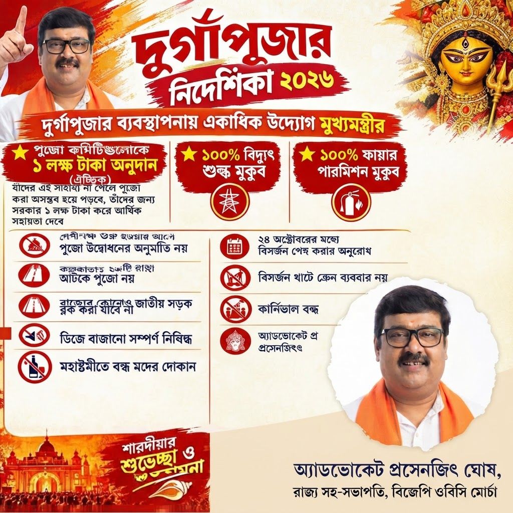 AI Design for add this 2nd small image beneath right of 1st images melt with image background and mention "অ্যাডভোকেট প্রসেনজিৎ ঘোষ, রাজ্য সহ-সভাপতি, বিজেপি ওবিসি মোর্চা" beneath in the whole image everything will remain same