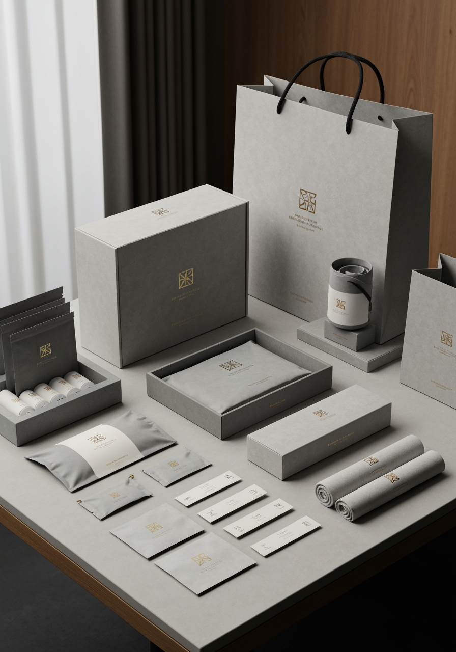 AI Design for Premium packaging mockup concept for Brand identity for my personal brand. Brand identity applied to realistic boxes, pouches, labels, wraps, or bags as appropriate, polished tabletop scene, tactile materials, no invented readable copy.